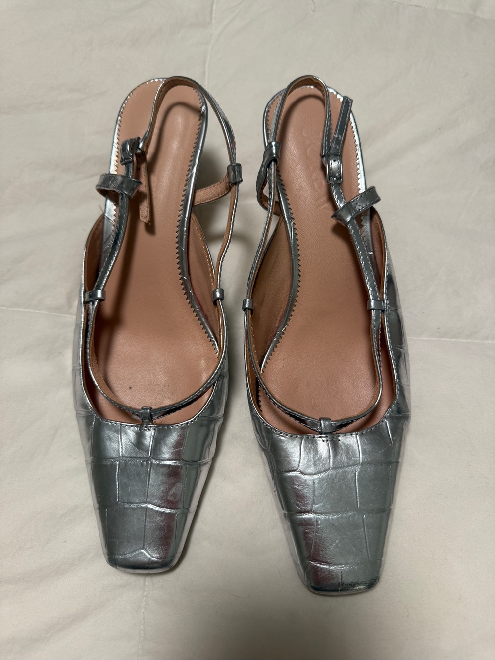 J. Crew Metallic Silver Croc-Embossed Slingback Flats